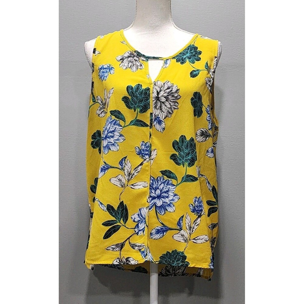 C&E Women's Yellow Floral Print Sleeveless Keyhole Neck Tank Top Blouse Sizes XL